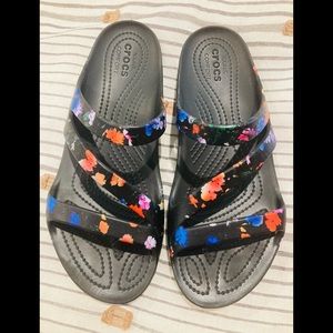 Crocs sandals, size 9 womens, black with multi floral print